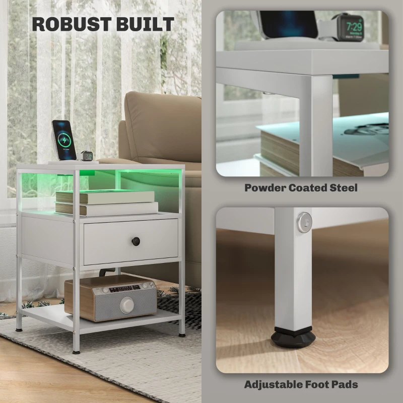 HOMCOM Set of 2 Side Tables with Charging Stations and LED Lights, End Tables with Drawer and Shelves for Living Room, White