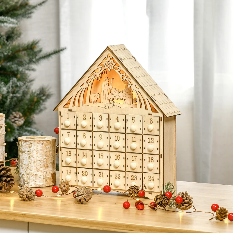 HOMCOM Christmas Advent Calendar, Light Up Manger Scene Tabletop Xmas Wooden House Holiday Decoration with Countdown Drawer