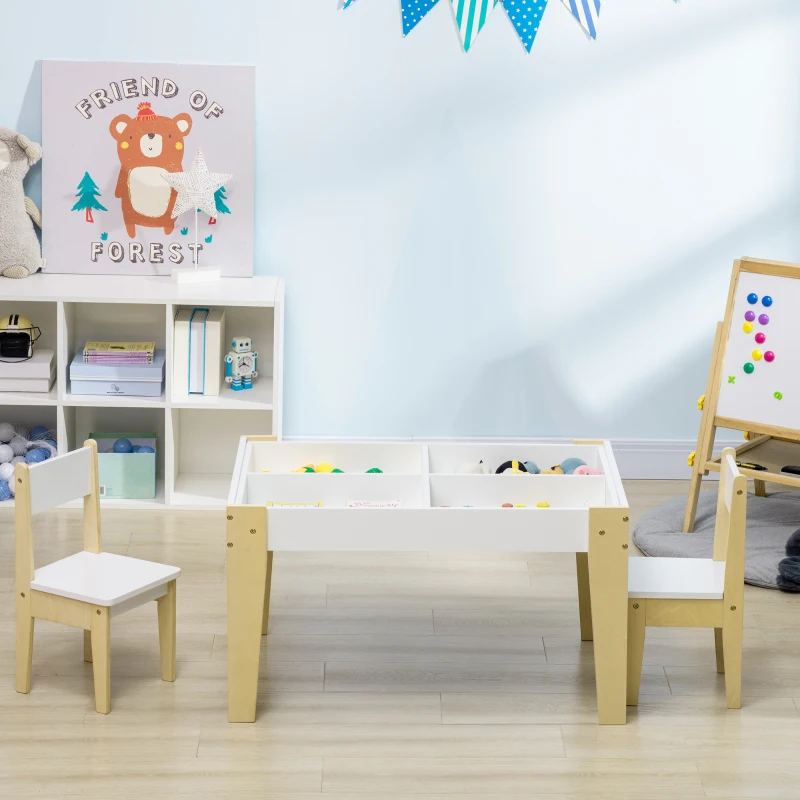 Qaba 3 Pcs Kids Table and Chair Set with Storage Under Tabletop, Activity Table and 2 Chairs, Kids Drawing Table for Playroom Furniture, White