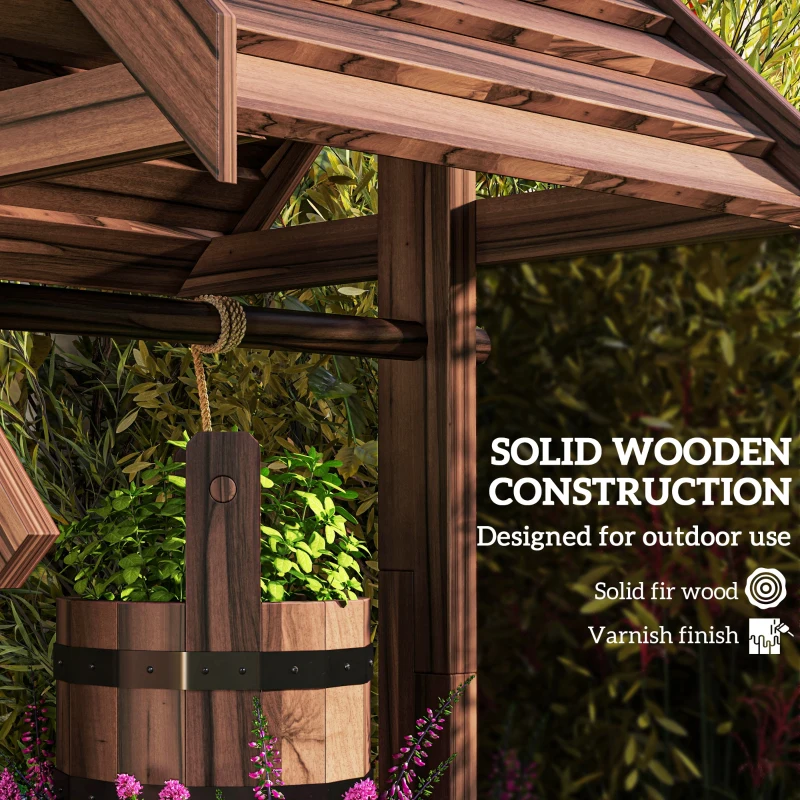 Outsunny Wood Wishing Well Outdoor Wooden Planter with Hanging Bucket and Drainage Hole for Garden, Patio, Backyard, Tan