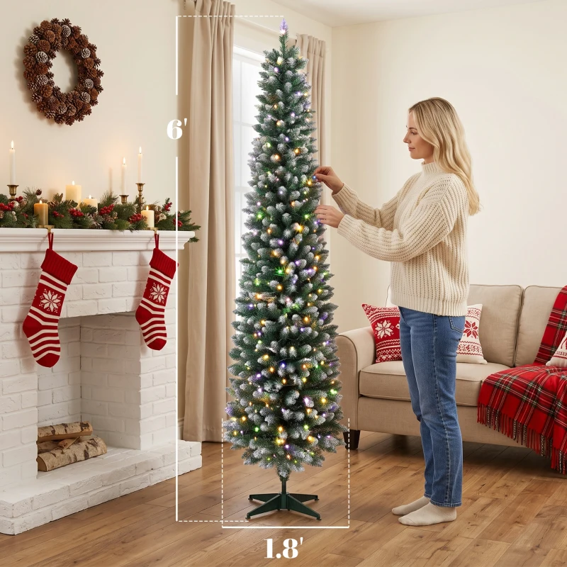 HOMCOM 6ft Pencil Prelit Christmas Tree, Dual Color LEDs, Flocked, Remote, Slim Xmas Tree with 11 Modes, Green White