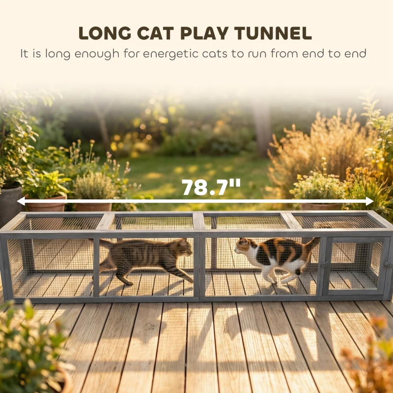PawHut Wooden Cat Run with Weather Protection, Connecting Inside and Outside, 79"L x 15"W x 15"H, Dark Gray