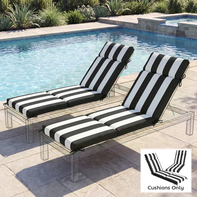 Outsunny Outdoor Chaise Lounge Cushions Set of 2 with 6 Ties, High-Density Foam, for Patio and Poolside, Black and White