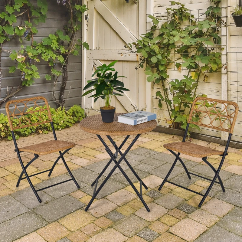 Outsunny 3PC Rattan Wicker Bistro Set w/ Folding Design, Hand Woven Rattan Table and Chairs for Outdoor, Natural