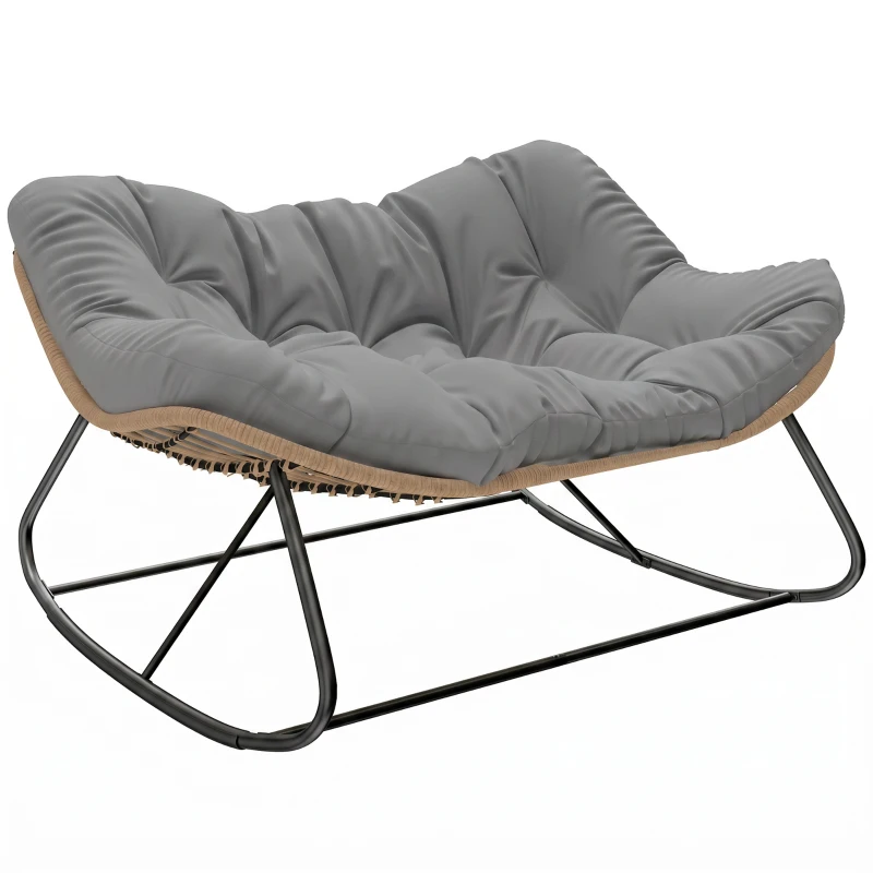 Outsunny Indoor Outdoor Double Papasan Rocking Chair, Oversized Rocking Egg Chair with Cushion for Garden, Patio, Gray