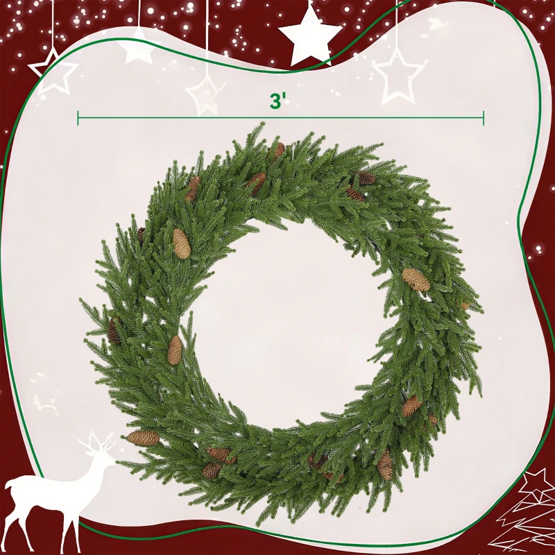 HOMCOM 36 inch Christmas Wreath, Artificial Norfolk Pine Wreath with Pine Cones and Realistic Branches for Door, Wall