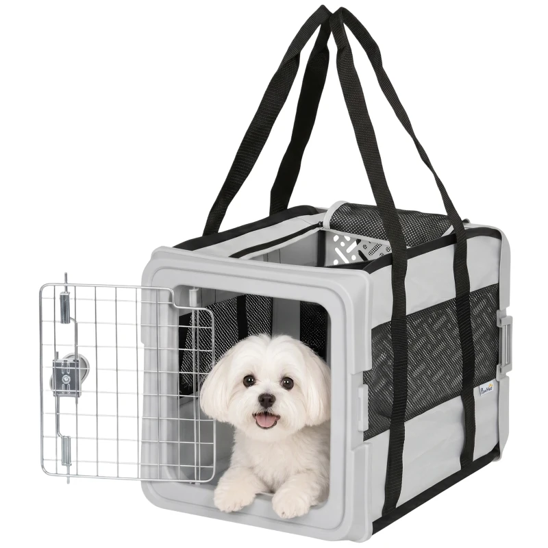 PawHut Pet Carrier Bag, Soft-Sided Dog Carrier with Bottom Board and Mesh Windows, Foldable Pet Travel Bag, Grey