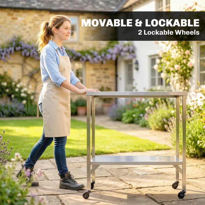 Outsunny Outdoor Grill Cart with Stainless Steel Tabletop, Pizza Oven Stand with Shelf, Lockable Wheels, Rolling BBQ Table