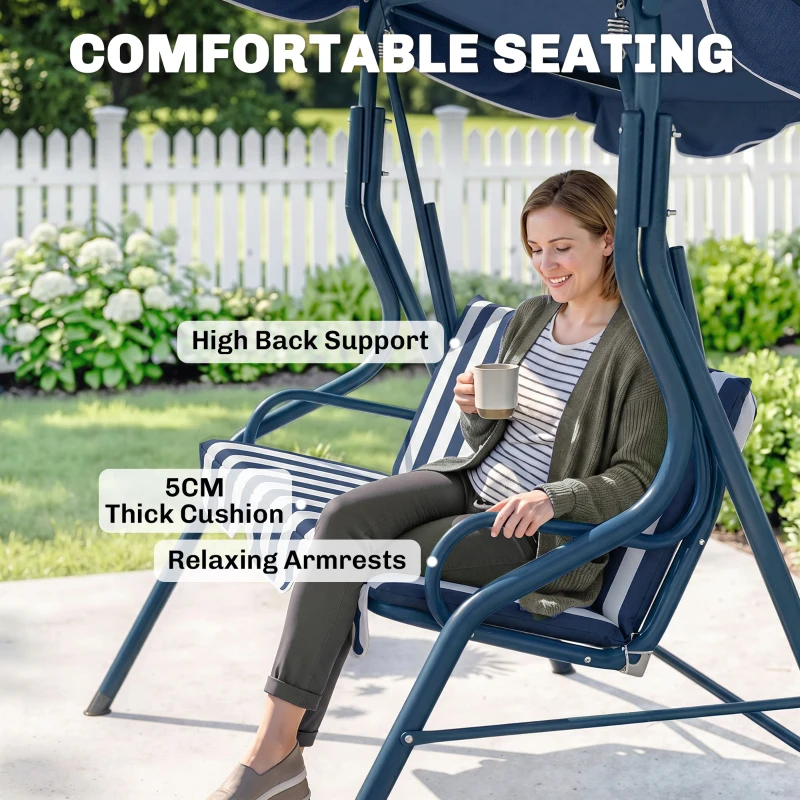 Outsunny Outdoor Porch Swing with Adjustable Canopy, 3-Seater Patio Swing Chair with Cushion, Blue