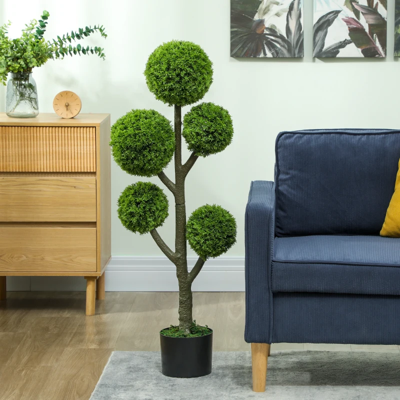 HOMCOM 43.3" Artificial Ball Cypress Topiary Tree, Fake Plant in Pot for Indoor Outdoor Living Room Green