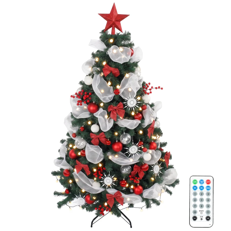 HOMCOM 6ft Prelit Christmas Tree Spruce, Remote, Hinged, Artificial Xmas Tree with 8 Modes, 800 Tips, 200 LEDs, Green Red
