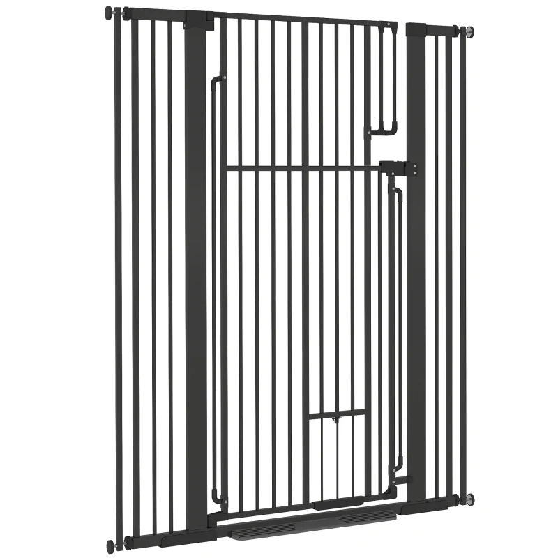 PawHut 53.1" Tall Dog Gate with Cat Door, 32"-42.5" Wide Adjustable Pressure Mounted for Doorways, Hallways, No Drilling, Black