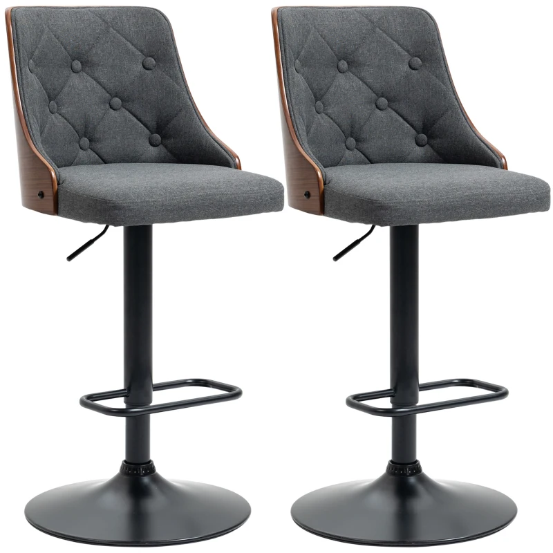 HOMCOM Counter Height Bar Stools Set of 2, Height Adjustable Swivel Barstools with Footrest and Tufted Back, Linen Fabric Bar Chairs, Dark Grey