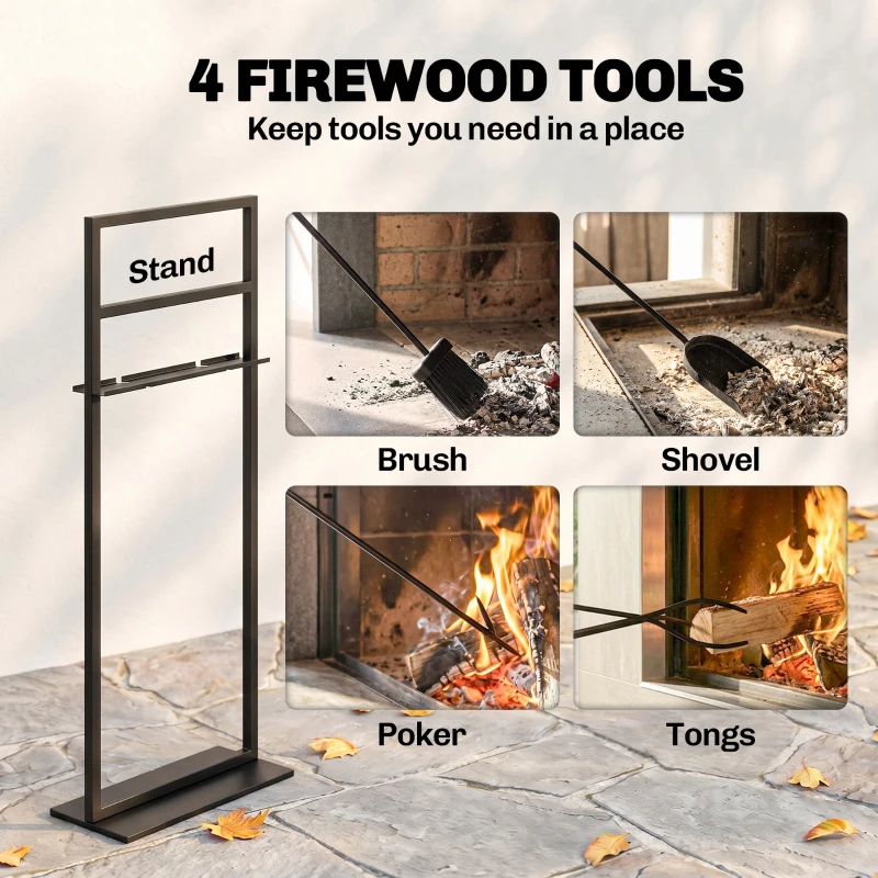 Outsunny Fireplace Tools Set 5 Pieces Metal Fire Place Kit with Brush, Shovel, Poker, A Pair of Tongs, Stand, Black