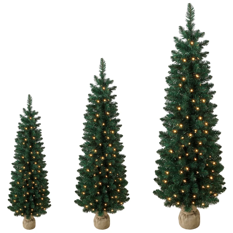 HOMCOM Artificial Pencil Christmas Tree Set of 3, Pre-Lit Christmas Trees with PVC Tips and Warm White LED Lights, Green