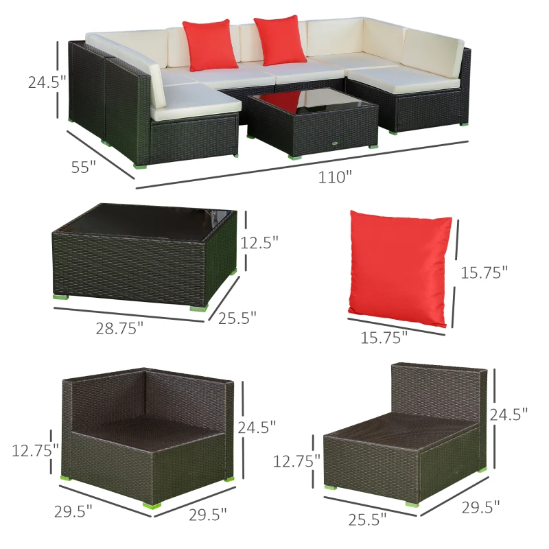 Outsunny 7 Piece Patio Furniture Set, Wicker Outdoor Sectional Sofa Set, Cream White