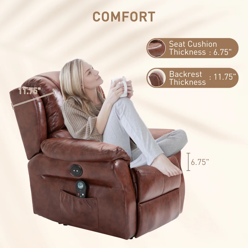 HOMCOM Vibration Massage Recliner Chair for Living Room with Heat,   Single Sofa, PU Leather Power Reclining Chair, Home Theater Seating with Footrest, Brown