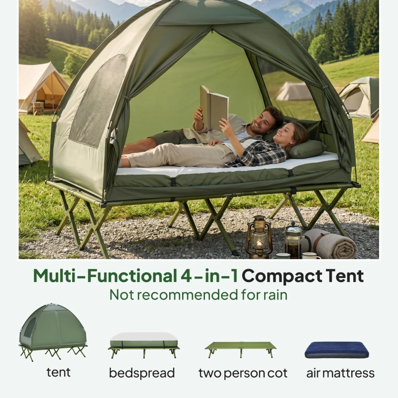 Outsunny 2-Person Tent Cot, 4-in-1 Elevated Camping Bed Combo with Air Mattress, Bed Cover, Foot Pump(m-4)