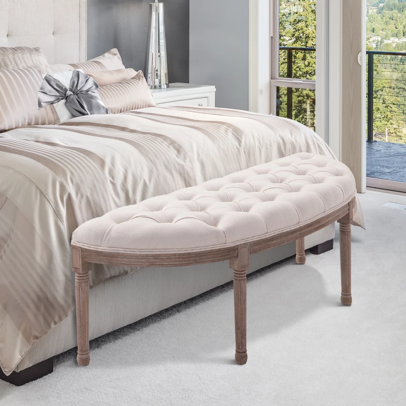 HOMCOM Semi-Circle End of Bed Bench with Tufted Design, Upholstered Bedroom Entryway Bench with Rubberwood Legs, Off White