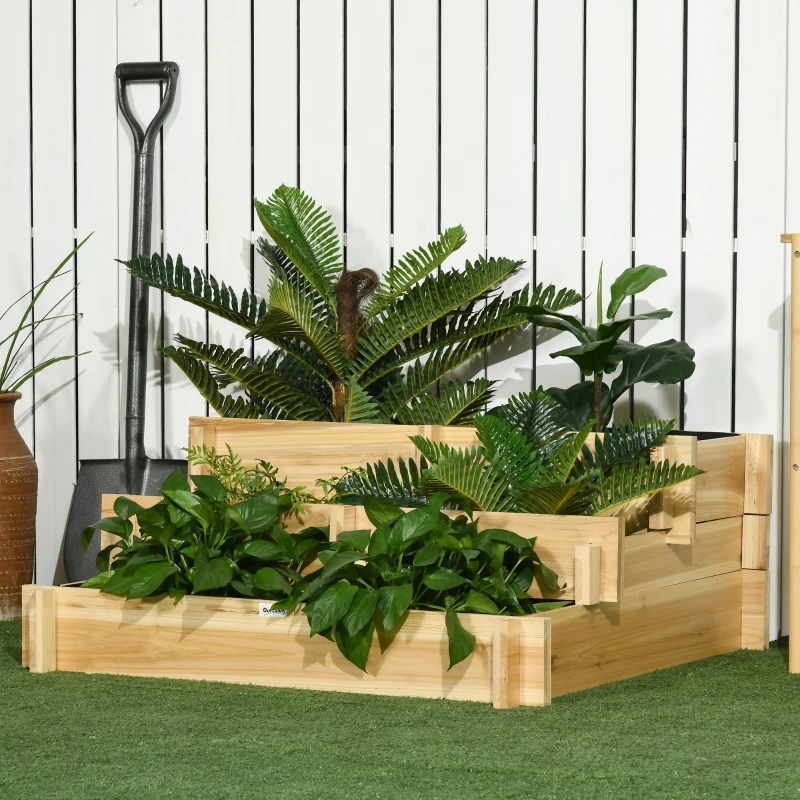 Outsunny 3 Tier Raised Garden Bed, Water Draining Fabric for Soil, Elevated Wood Flower Box for Vegetables, Herbs, Natural