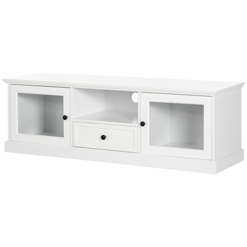 HOMCOM Modern TV Stand Cabinet for TVs up to 60 Inches, Entertainment Center with Drawer and Glass Doors for Living Room, White