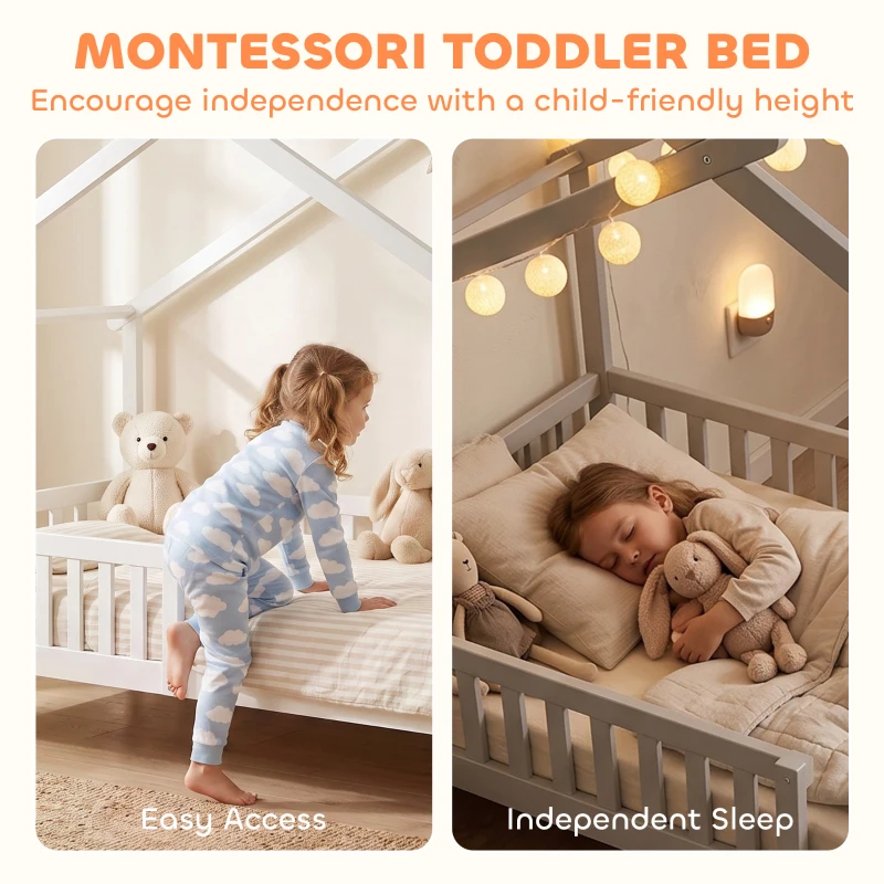 Qaba Twin Bed Frame, Solid Wood Montessori House Bed with Roof, Safety Guardrail for Girls Boys, No Box Spring Needed, White