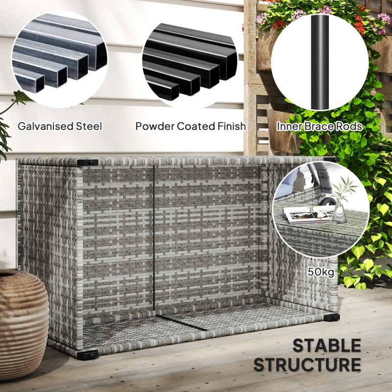 Outsunny Wicker Outdoor Coffee Table, PE Wicker Rectangular Patio Table with Tempered Glass Top for Garden, Balcony, Light Grey