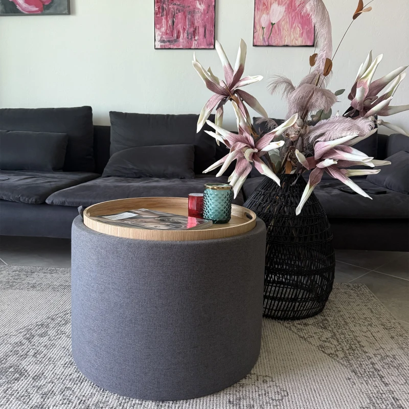 HOMCOM Round Storage Ottoman Coffee Table with Flip Top Tray, Linen Fabric Upholstered Footstool with Hidden Compartment