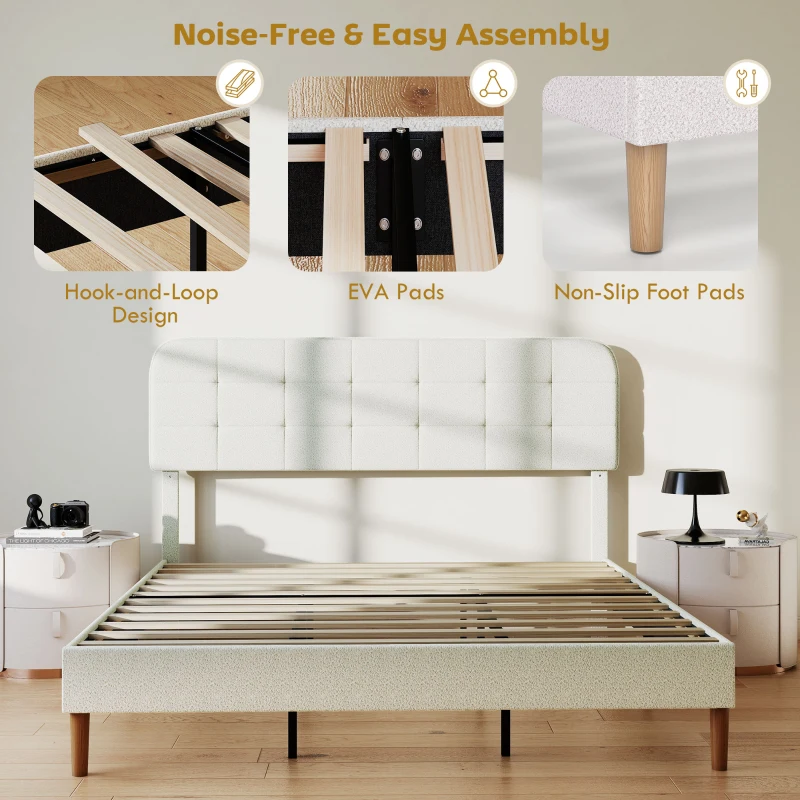 HOMCOM King Size Bed Frame with Adjustable Headboard Upholstered Platform Bed Frame with Wood Slat Support Noise Free White