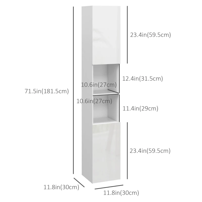 kleankin Tall Bathroom Cabinet, High Gloss Storage Cabinet with Doors and Adjustable Shelves, 11.8" x 11.8" x 71.5", White