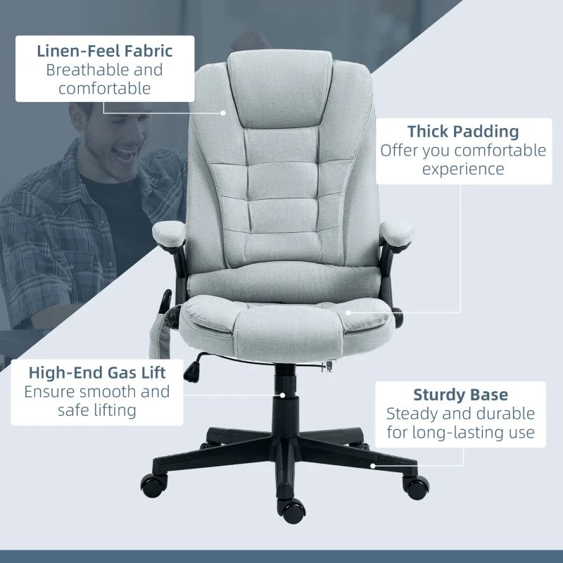 Vinsetto 6 Point Vibrating Massage Office Chair with Heat, Linen High Back Massage Desk Chair with Reclining Backrest, Light Gray