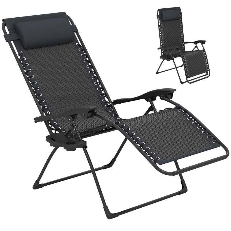 Outsunny Wicker Folding Lounge Chair with Adjustable Backrest, Rattan Recliner Chair with Headrest & Side Table Tray, Black