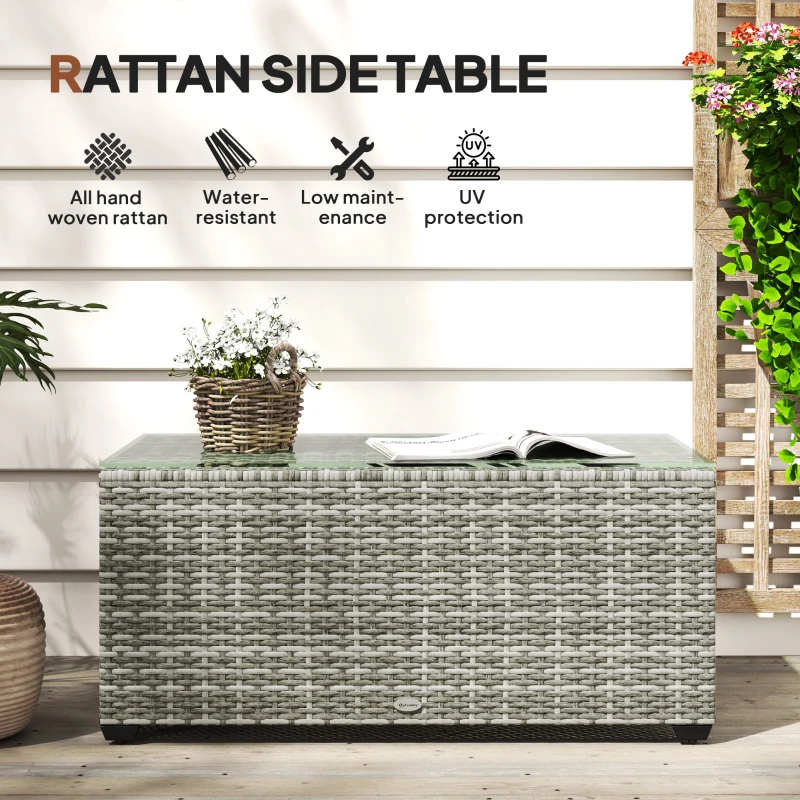 Outsunny Wicker Outdoor Coffee Table, PE Wicker Rectangular Patio Table with Tempered Glass Top for Garden, Balcony, Light Grey