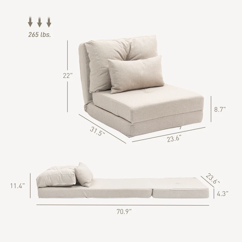 HOMCOM Floor Chair, Convertible Floor Sofa Bed, Folding Upholstered Couch Bed with Adjustable Backrest, Beige