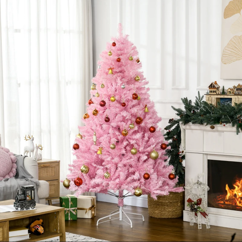 HOMCOM 6' Artificial Pink Christmas Trees, with Auto Open, Steel Base, Wide Shape for Indoor Xmas Decoration