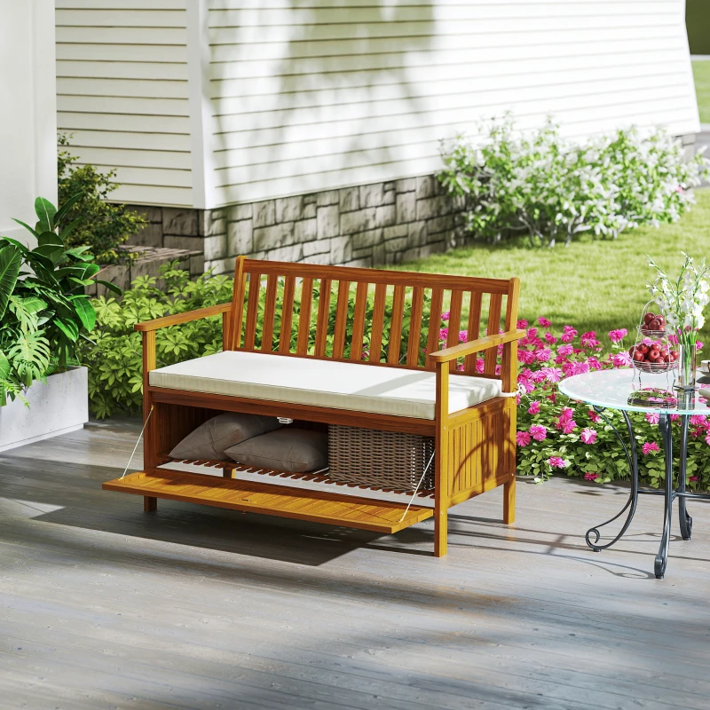 Outsunny Outdoor Bench with Storage Compartment, Acacia Wood Patio Bench with Cushion, 2 Seater Garden Bench, Teak