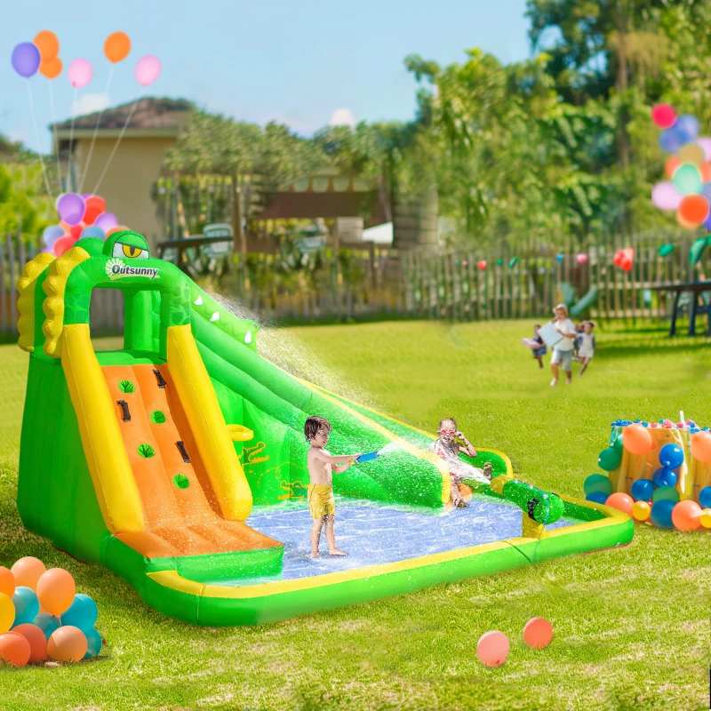 Outsunny 5 in 1 Inflatable Water Slide, Crocodile Style Water Park Bounce House Castle with Slide, Pool, Hoop, Water Cannon, Climbing Wall, Include Air Blower