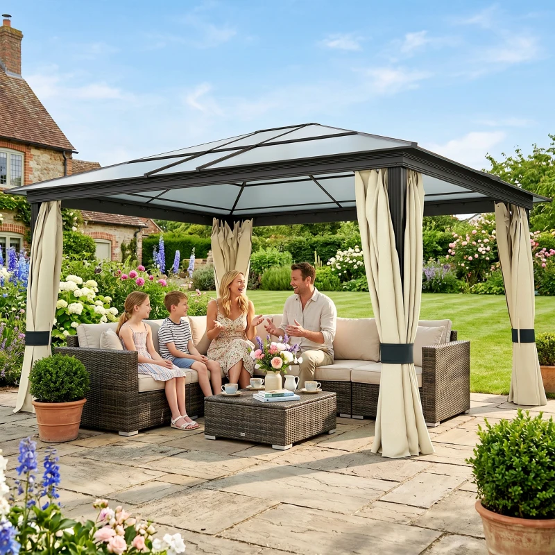 Outsunny 12' x 14' Hardtop Gazebo Canopy with Polycarbonate Roof, Aluminum Frame, Netting and Curtains, Brown
