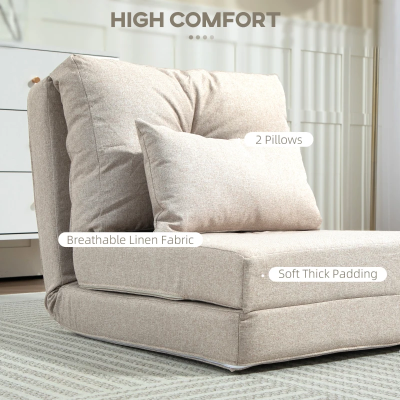 HOMCOM Floor Chair, Convertible Floor Sofa Bed, Folding Upholstered Couch Bed with Adjustable Backrest, Beige