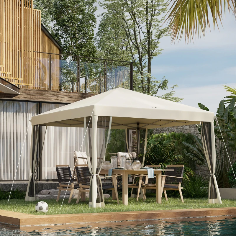 Outsunny 10' x 10' Pop Up Canopy Tent Gazebo, Foldable Canopy Tent with Zipper Mesh Sidewalls and Carry Bag, Easy Setup Screen Shelter for Backyard Patio Outdoor, Beige