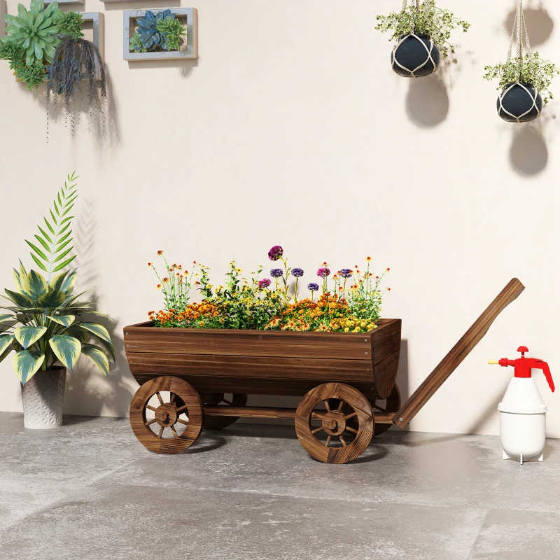 Outsunny Wooden Wagon Planter Box, Mobile Garden Planter with 4 Wheels, Small Wheelbarrow Wagon Flower Cart with Drainage Hole