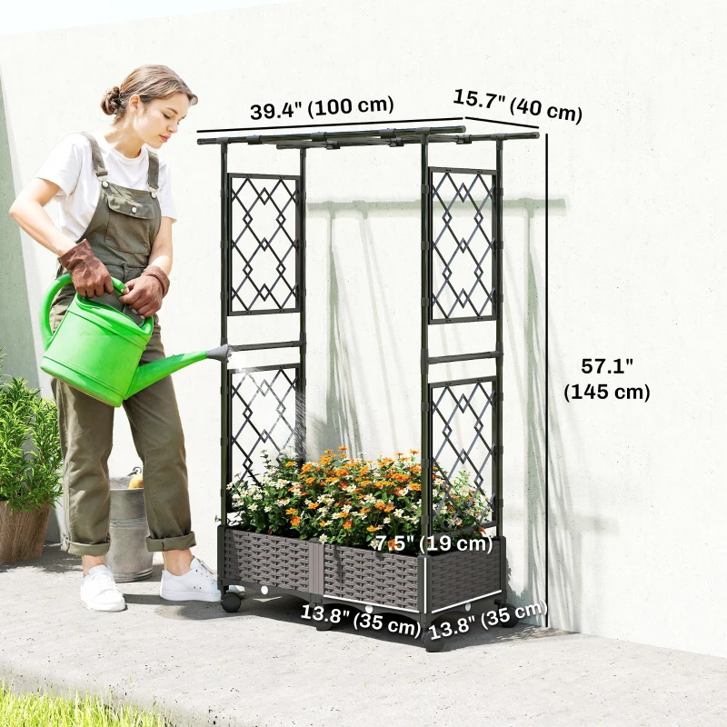 Outsunny Raised Garden Bed with Arch Trellis, Raised Bed for Garden on Wheels with Side Trellis for Climbing Plants, Flowers
