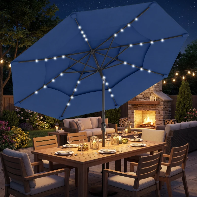 Outsunny 9.7 ft Outdoor Patio Umbrella with Solar LED Lights, 3 Tier Outdoor Table Umbrella with Tilt, Crank, Navy Blue