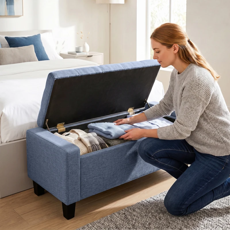 HOMCOM Storage Ottoman, Storage Bench with Wooden Legs, Tufted Armrests for Entryway, Living Room, Bedroom, 36.6", Dark Gray