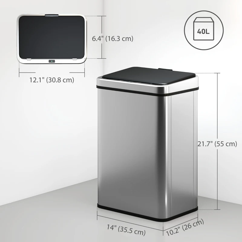 HOMCOM 10.6 Gal (40 L) Automatic Garbage Can w/ Soft-Close Lid, Trash Can with Fingerprint Resistant Stainless Steel, Silver