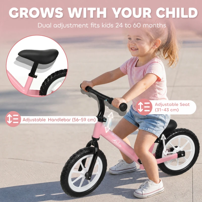 Qaba Balance Bike, Baby Bike with Lighting Wheels, Adjustable Seat and Handlebar, Steering for 2-5 Years Old, Pink