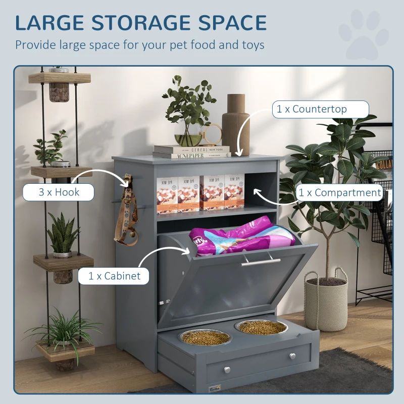 PawHut Pet Feeder Station Storage Cabinet, Dog Food Storage Container with Dog Raised Bowls, Watering Supplies, Grey