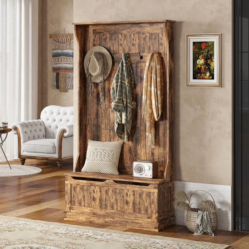 HOMCOM 3-In-1 Entryway Bench with Coat Rack, Hall Tree with Bench and Shoe Storage, 5 Hooks for Hallway Rustic Brown