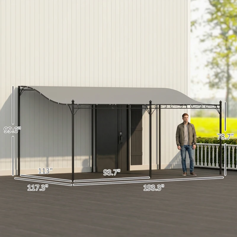 Outsunny 10' x 16' Wall-Mounted Outdoor Pergola Canopy, Metal Patio Canopy with Drainage Holes for Backyard Garden, Dark Gray