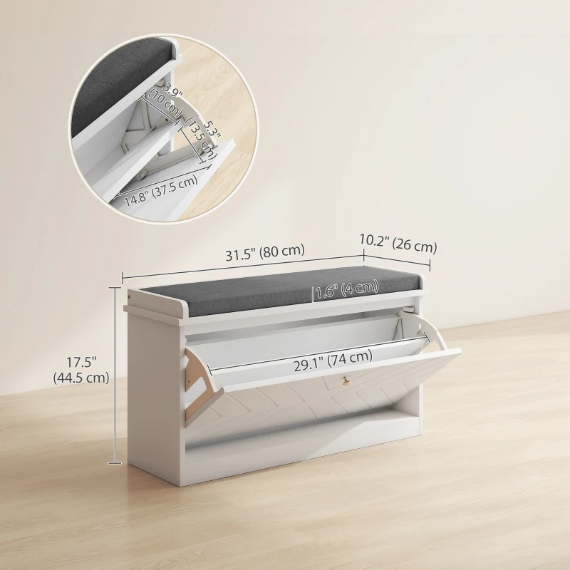 HOMCOM Shoe Storage with Seat, Upholstered Hallway Bench, Shoe Bench with Flip Drawer, Adjustable Shelf for 6-8 Pairs of Shoes
